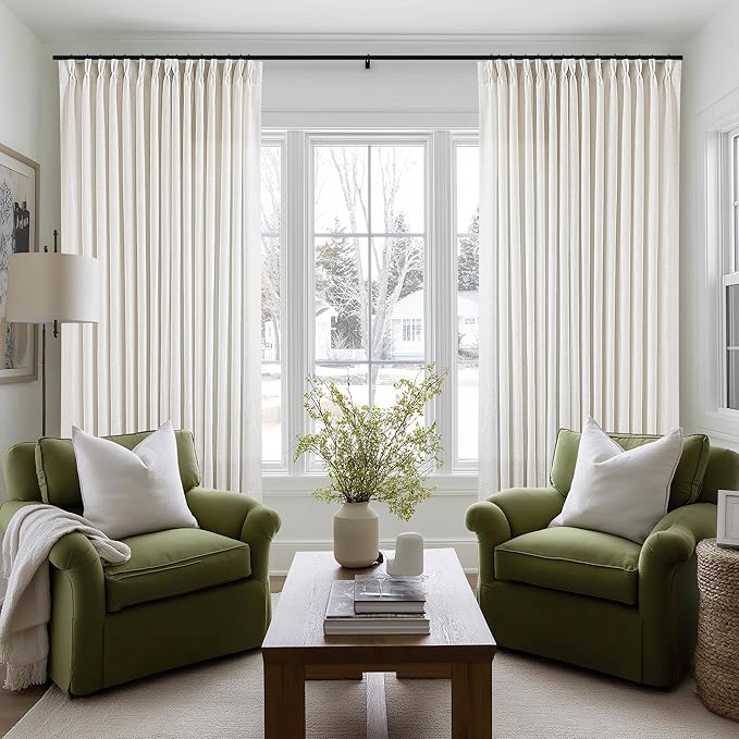 Extra Wide Pinch Pleat Curtains 96 Inches Long for Patio Sliding Glass Door Cream Linen 100 Inch Wide Curtain Memory Trained Pleated Drapes with Hooks Rings Semi Sheer 100x96 Curtain for Large Window