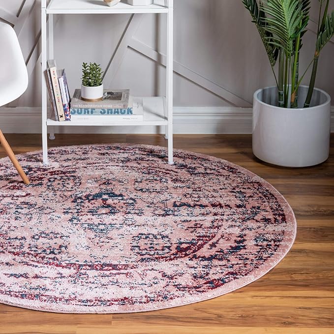 Rugs.com Charleston Collection Rug – 5 Ft Round Pink Low-Pile Rug Perfect for Kitchens, Dining Rooms