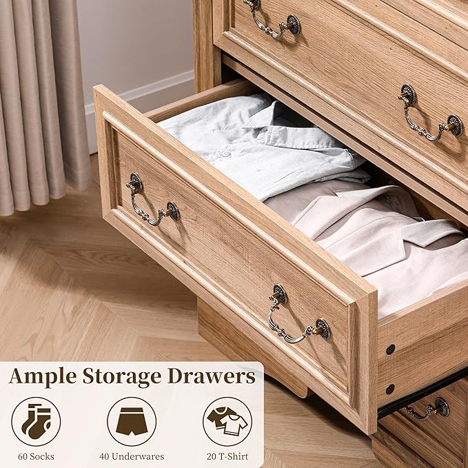 Dresser for Bedroom with 6 Drawers, 48" Tall Natural Dresser for Storage and Organization, Farmhouse Chest of Drawers for Living Room, Closet, Hallway