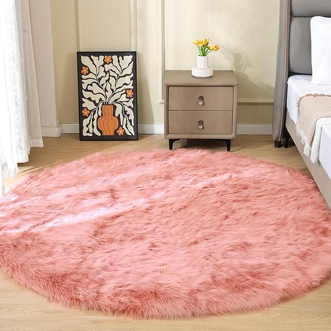 Pink Plush Round Rugs 6ft Large Washable Faux Fur Area Rugs for Living Room Boho Circle Fluffy Sheepskin Fur Rug for Nursery