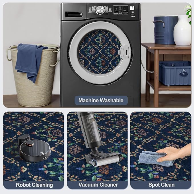 Tangsoo 5x7 Washable Area Rug, Non Slip Moroccan Trellis Blue Floral Indoor Rug, Soft Low Pile Floor Carpet for Living Room, Bedroom, Dining Room, Pet & Child Friendly Room Decor, Easy to Clean