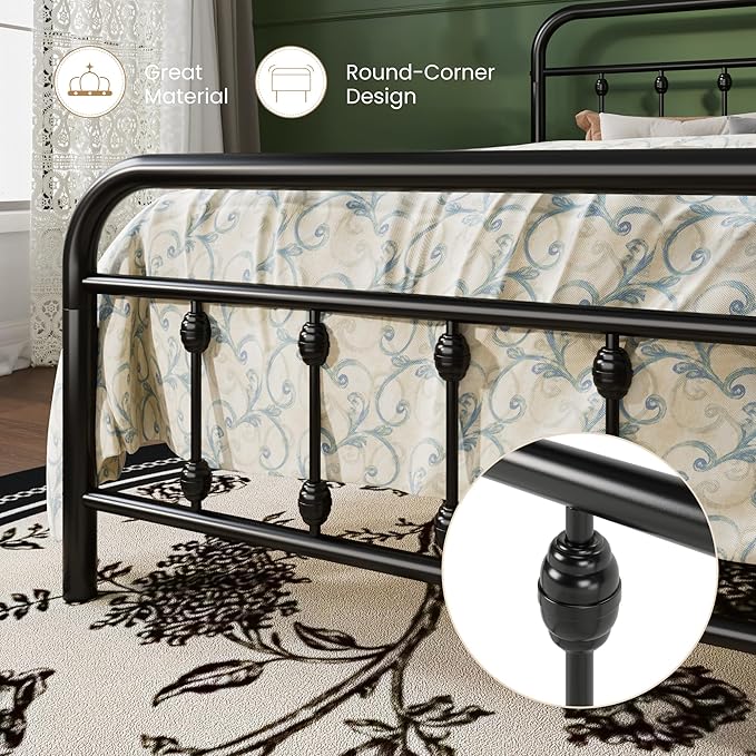 SHA CERLIN Queen Size Metal Platform Bed Frame with Victorian Style Iron-Art Headboard and Footboard, Easy Assembly, Under Bed Storage, No Box Spring Required, Black