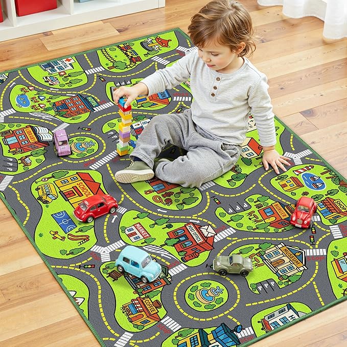 Upgrade Ultra Non Slip Kids Car Rug, Kids Road Playmat Rug for Toy Cars, Educational Town City Map Washable Carpet for Boy Playroom Bedroom, Safer Car Track Play Mat for Children Baby Toddler, 60"x36"