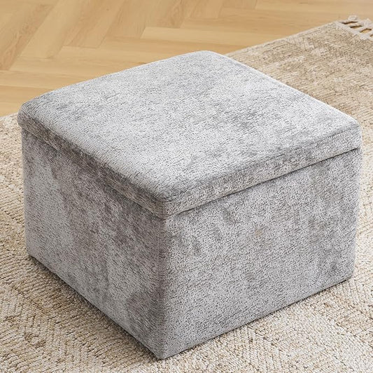 Modern Cube Storage Ottoman, Chenille Ottoman Foot Stools, Ottoman Footstool with Removable Lid, Storage Ottoman for Chair, Multi-Functional Footrest, Dark Grey