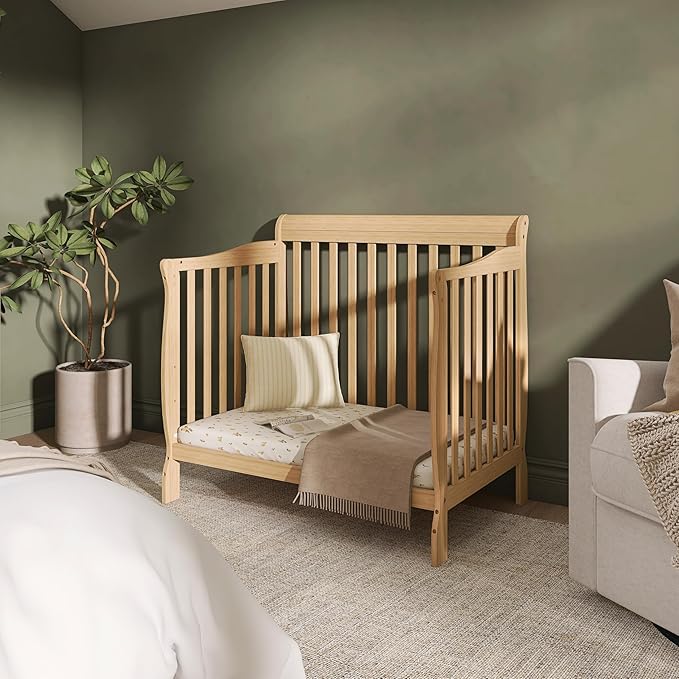 Dream On Me Aden 4-in-1 Convertible Mini Baby Crib in Natural, GreenGuard Gold & JPMA, Sustainable Pinewood, Non-Toxic Finish, 3 Mattress Heights, Converts to Mini Day & Twin-Size Bed