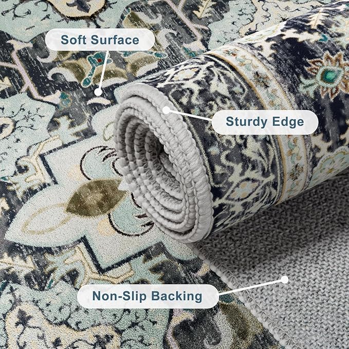 AMTOVO 6x9 Washable Area Rugs for Living Room, Non-Slip Boho Vintage Accent Medallion Print Pattern Carpet for Bedroom Dining Room Home Office Nursery Dorm Farmhouse, Grayish Blue