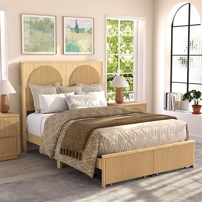 XIAOWEI Fluted Full Size Bed Frame with 52.4" Tall Headboard & 2 Storage Drawers,Sturdy Wooden Frame with Underbed Storage,No Box Spring Needed Platform Bed,Easy Assembly Low Profile Bed Frame,Natural