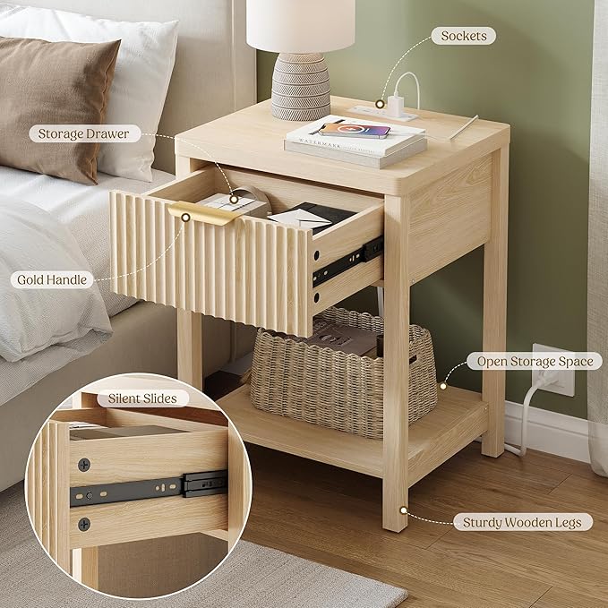 Lulive Fluted Night Stand with Drawers, Fluted Nightstand with Charging Station, Wood Modern Bedside End Table with Storage Drawer for Bedroom, Save Space (Set of 1, Natural Oak)