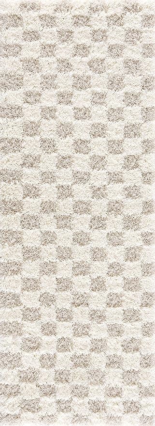 BoutiqueRugs Atira Checkered Shag Area Rug - Cream, Light Beige, Light Brown - 18" x 18" Sample
