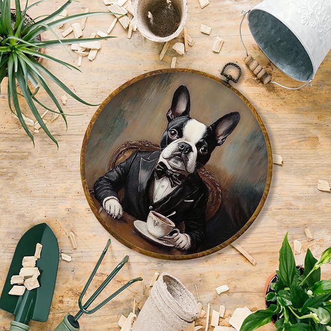 Hiuwevt Vintage Funny Coffee French Bulldog Round Wall Art Decor, Retro Aristocratic French Bulldog Framed Canvas Prints, Pet Round Wall Hanging Decor for Bedroom Home Decorations, 10x10 Inches