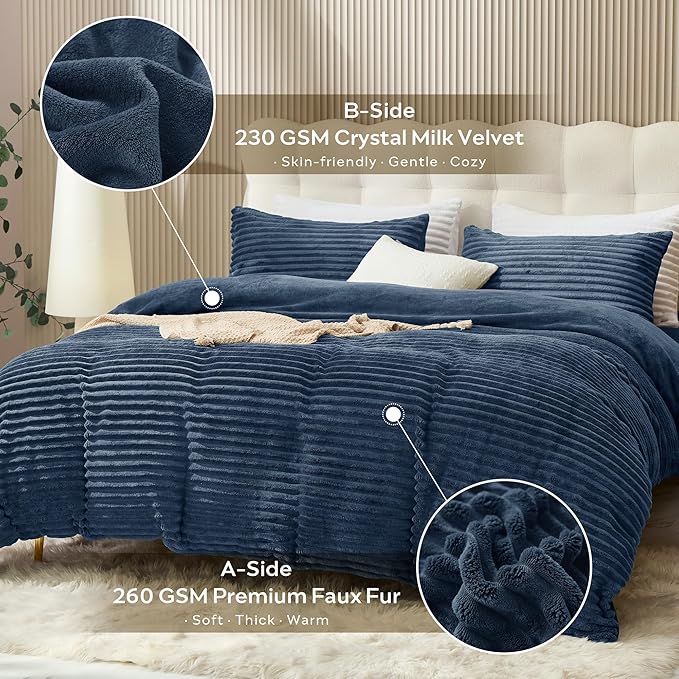 JELLYMONI Plush Duvet Cover Set - Queen Size Navy Blue Striped Fluffy Comforter Cover 3pcs Bedding Set Luxury Ultra Soft Faux Fur Duvet Cover with Zipper and 2 Pillowcases (NO Comforter)