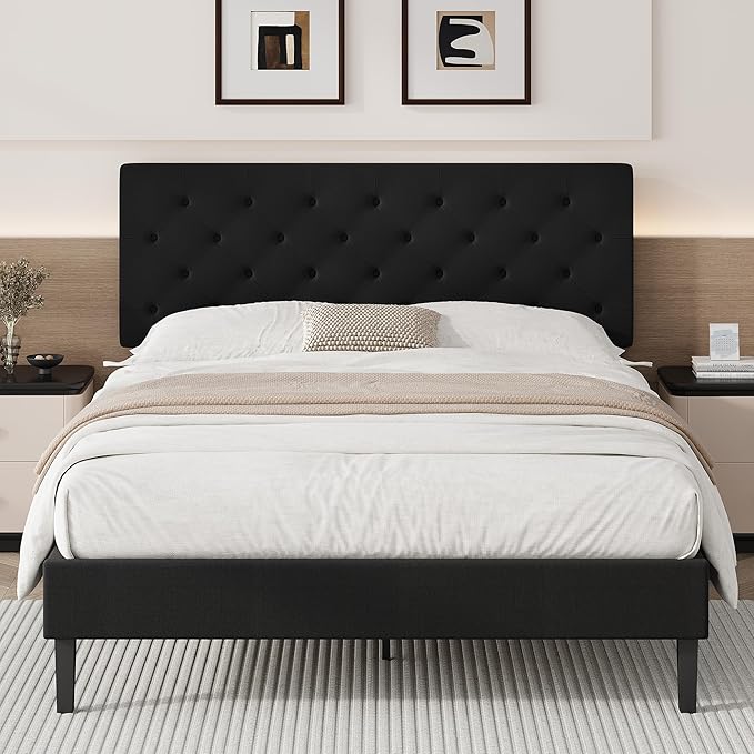 BarnFurin Full Bed Frame, Upholstered Platform Bed with Button Tufted Headboard, Fabric Bed Frame with Wooden Slats Support, No Box Spring Required, Easy Assembly, Black