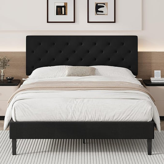 BarnFurin Queen Bed Frame, Upholstered Platform Bed with Button Tufted Headboard, Fabric Bed Frame with Wooden Slats Support, No Box Spring Required, Easy Assembly, Black