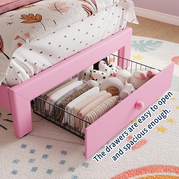 Garvee Twin Size Bed Frame with LED Lights & Velvet Crystal Button Headboard, Upholstered Princess/Girl Platform Bed with Storage Drawer, Noise Free, No Box Spring Needed for Kids, Teens, Pink