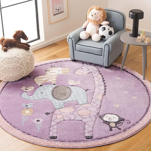SAFAVIEH Carousel Kids Collection Area Rug - 5'3" Round, Purple, Animal Design, Easy Care & Non-Shedding, Ideal for High Traffic Areas for Boys & Girls in Playroom, Nursery (CRK120V-5R)
