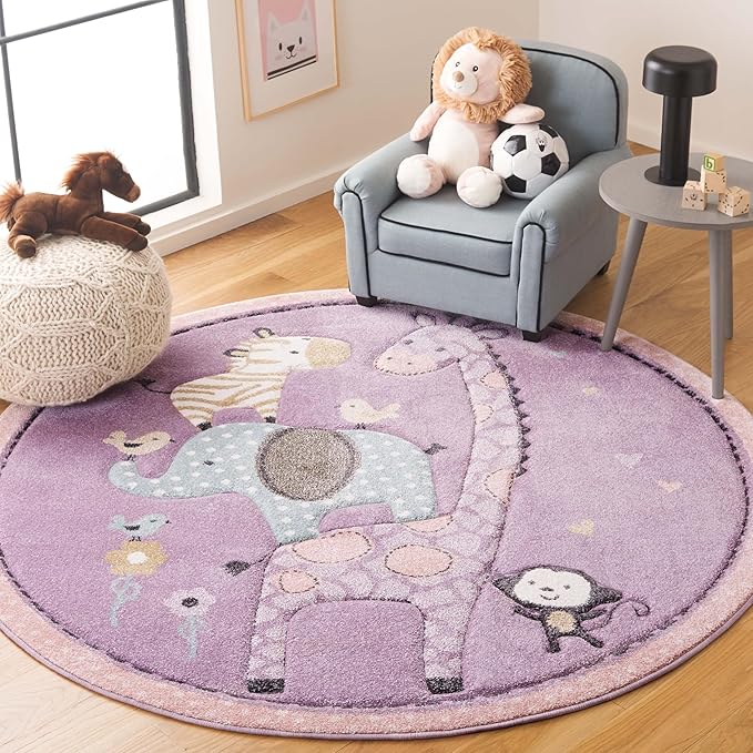SAFAVIEH Carousel Kids Collection Area Rug - 5'3" Round, Purple, Animal Design, Easy Care & Non-Shedding, Ideal for High Traffic Areas for Boys & Girls in Playroom, Nursery (CRK120V-5R)