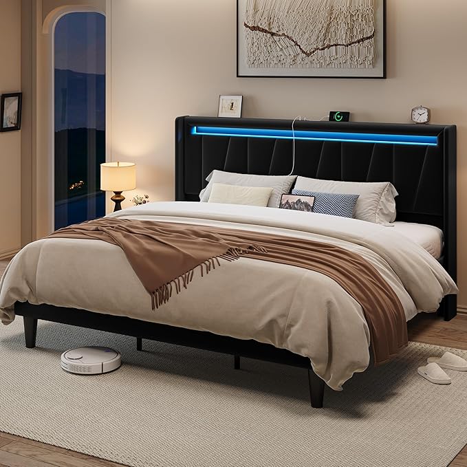 Allewie King Size LED Bed Frame with Charging Station, Velvet Upholstered Platform Bed with Geometric Wingback Headboard, Modern Frame with No Box Spring Needed, Easy Assembly, Black