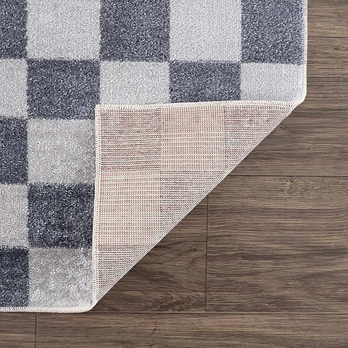 BoutiqueRugs Alia Gray Modern Checkered Area Rug - Contemporary Geometric Carpet for Hallway, Nursery, Playroom, Girls Boys Room - Machine Washable - Ivory, Blue, Gray - 6'7" x 9' (6x9)