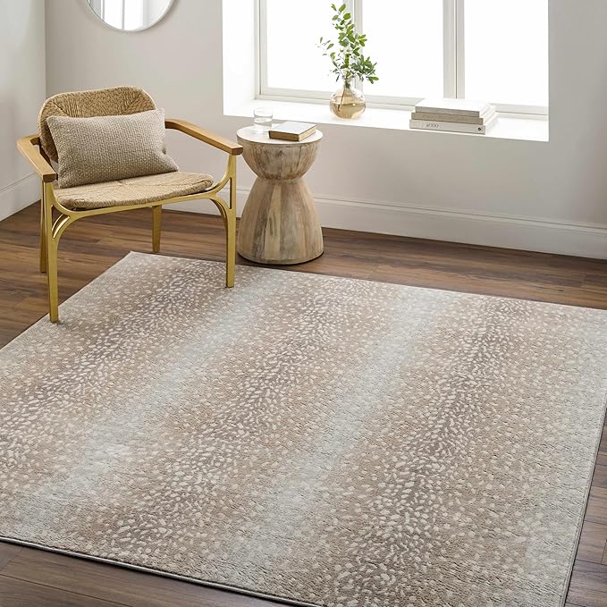 Hauteloom Pointblank Modern Animal Print Area Rug for Living Room, Bedroom - Bohemain Leopard Print Carpet - Contemporary Antelope Print Rug - Gray, Brown, Beige - 7'10" Square Rug