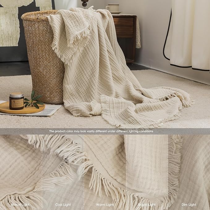 FOSSA Muslin Blanket with Fringe - 4-Layer 100% Cotton Gauze Super Soft & Breathable Throw -Lightweight Decorative Cooling Blanket for Bed, Sofa, Office -Oversize Queen Size 98" × 98" (Beige)