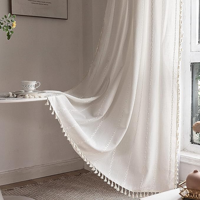 Deeprove White Boho Curtains 84 Inches Long for Bedroom Living Room, Cream Chic Linen Cotton Embroidered Semi Blackout Bohemian Farmhouse Window Treatment Drape Vintage Tassels, 1 Panel W52 x L84
