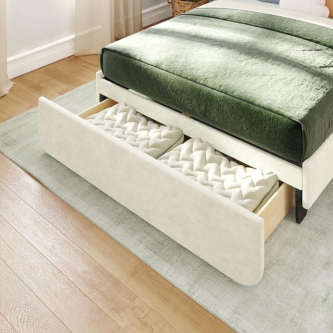 Max & Lily Upholstered Full Bed Frame with Arch Headboard with 1 Drawer End Storage, Upholstered Platform Bed for Kids, No Box Spring Needed, Easy Assembly, Cream