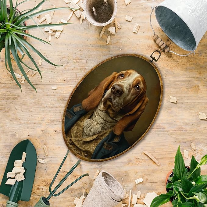 Hiuwevt Vintage Basset Hound Oval Wall Art Decor, Basset Hound Gifts for Women Framed Canvas Prints, Renaissance Style Dog Oval Wall Hanging Decor for Bedroom Living Room Decorations, 8.6x11.4 Inches