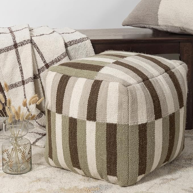 LR Home Handmade Modern Geometric Square Indoor Medium Pouf Ottoman, Ivory/Brown | Wool & Cotton Cube Foot Rest for Home Decor | 18 x 18 x 18 Stuffed Ottoman for Living Room, Bedroom & Dorm