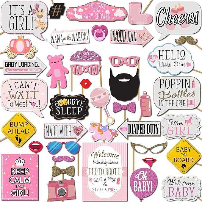Girl Baby Shower Photo Booth Props - 41-pc Photobooth Kit with 8 x 10-Inch Sign, 60 Adhesive Pads, 45 Sticks - Baby Photo Booth Props Girl - Photo Props for Baby Shower