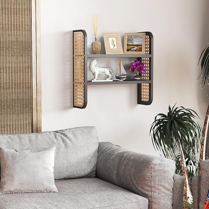 2-Tier Black Rattan Wall Shelf, Cute Hanging Book Shelves Storage, Decorative Natural Display Shelves, Boho Floating Shelf for Nursery, Bedroom, Living Room