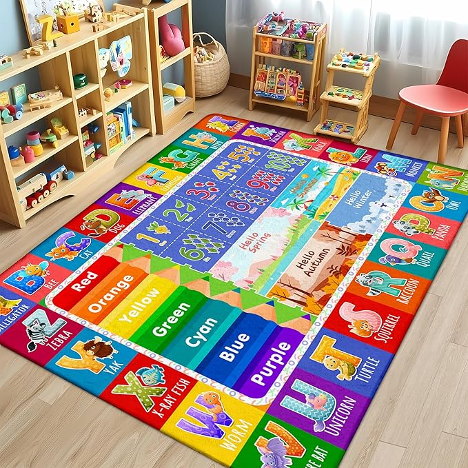 3x5 Small Kids Classroom & Playroom Rug - ABC Alphabet Educational Area Rug with Animals Colors & Numbers - Washable Non-Slip Carpet Playmat for Nursery Preschool & Reading Area