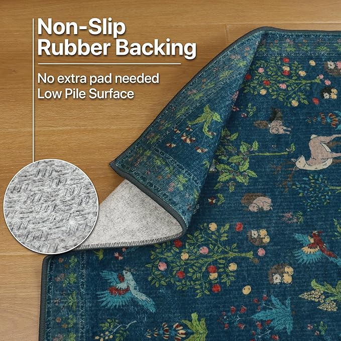 Runner Rug Non Slip 2'6''x 6', Floral Animal Print Rug Machine Washable Rug, Non Slip Low Pile Hallway Runner Carpet for Kitchen, Laundry, Bedroom, Bathroom, Midnight Blue
