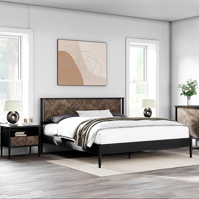 Lenia Queen Bed Frame with 2 Matching Nightstands – Modern Wood Platform Bed Set, Chevron Diamond Design, No Box Spring Needed, Slatted Support (Mocha Black, Queen)