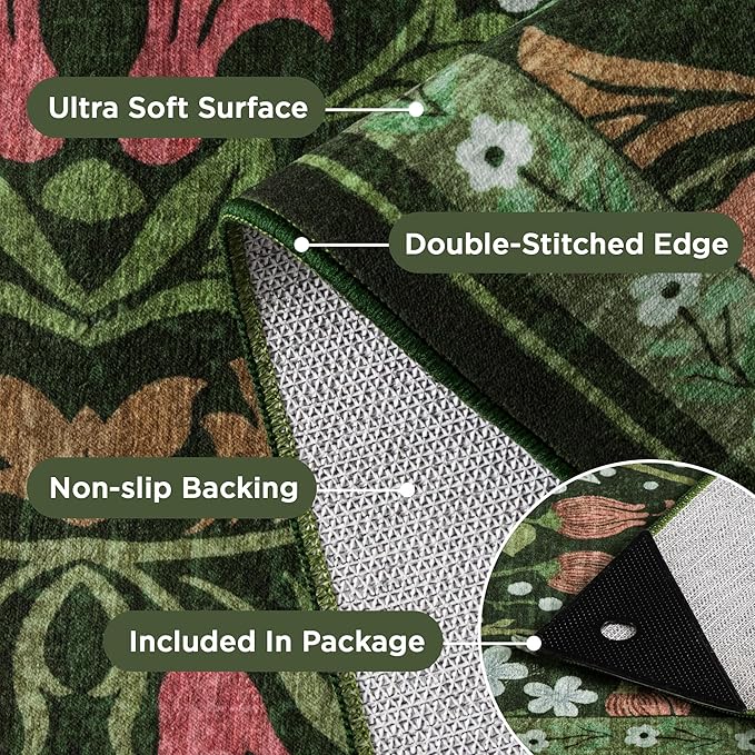 2x3 Floral Washable Area Rug for Kitchen, Non-Slip Soft Vintage Boho Carpet, Botanical Forest Green Small Low Pile Rugs for Bedroom, Entryway, Home Office, Dorm, Dark Green