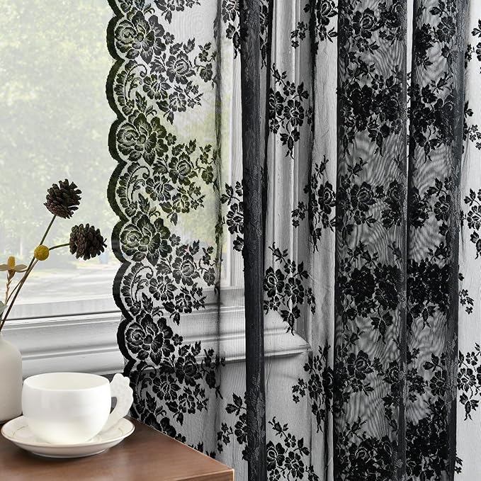 Kotile Black Lace Curtains Short 2 Panels Set, Country Rustic Floral Gothic Sheer Curtains 36 Inch Length for Kitchen Small Windows, Rod Pocket Priacy Sheer Goth Lace Café Curtains, Each 52 x 36 Inch