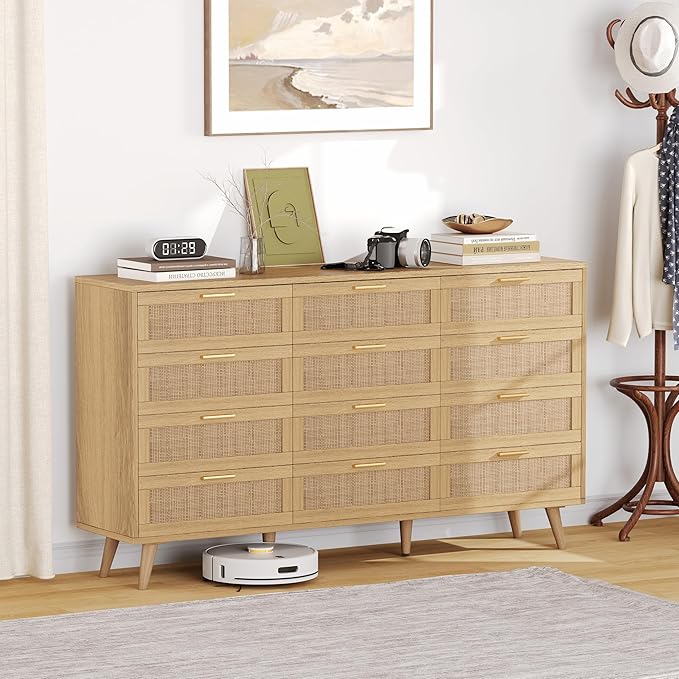 Rovaurx 12 Drawer Double Dresser for Bedroom, Rattan Chest of Dressers, Modern Wooden Dresser Chest with Golden Handles, Beside Table for Closet, Living Room and Entryway, Natural