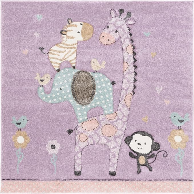 SAFAVIEH Carousel Kids Collection Area Rug - 6'7" Square, Purple, Animal Design, Ideal for High Traffic Area for Boys & Girls in Playroom, Nursery, Bedroom (CRK120V-7SQ)