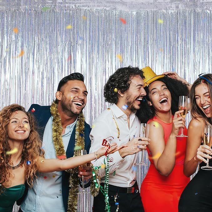 8 Pack New Year Party Decorations 2026 Fringe Backdrop, 3.28 FT x 7.05 FT Glitter Silver Fringe Tinsel, Metallic Foil Curtains Disco Photo Backdrop Foil Streamer Decor Engagement Party Supplies