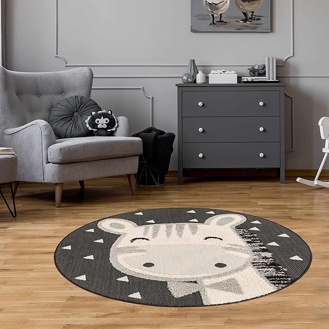 Hauteloom Kids Room, Nursery Round Area Rug - Outdoor Patio Safe - Animal Baby Bowtie Giraffe Playroom Carpet - Beige, Gray, Black, Cream - 3'11"