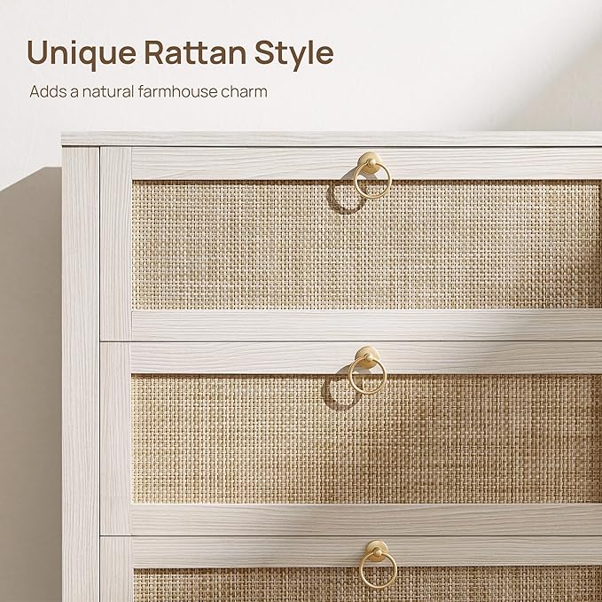 SICOTAS Rattan 6 Drawer Dresser for Bedroom : 51" White Dresser Chest of Drawers Cabinet for Closet with Larger Storage, Boho Farmhouse Wide Tall Dressers TV Stand for Living Room, Hallway