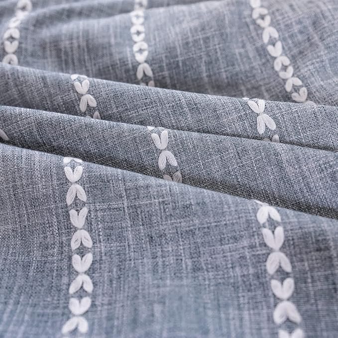 Deeprove Boho Curtains 84 Inches Long for Bedroom Living Room Kitchen, Cotton Linen Striped Embroidery Semi Blackout Bohemian Window Treatment Drape Handmade Tassels 1 Panel W52 x L84 Greyish -Blue