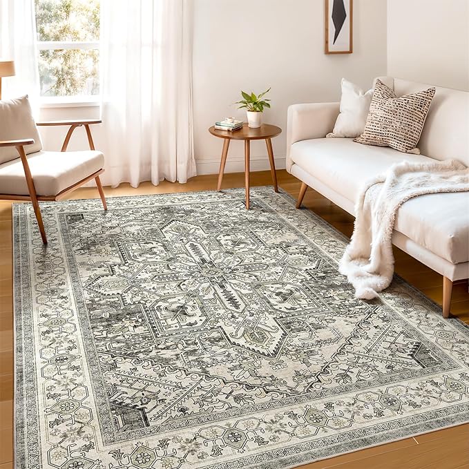 WITSHOCK Living Room Area Rugs 5x7: Washable Rug Boho Soft Non-Slip Low Pile Stain Resistant Foldable Carpet for Bedroom Playroom Dining Room Office Kitchen Farmhouse Home Decor Rug-Brown/Lvory