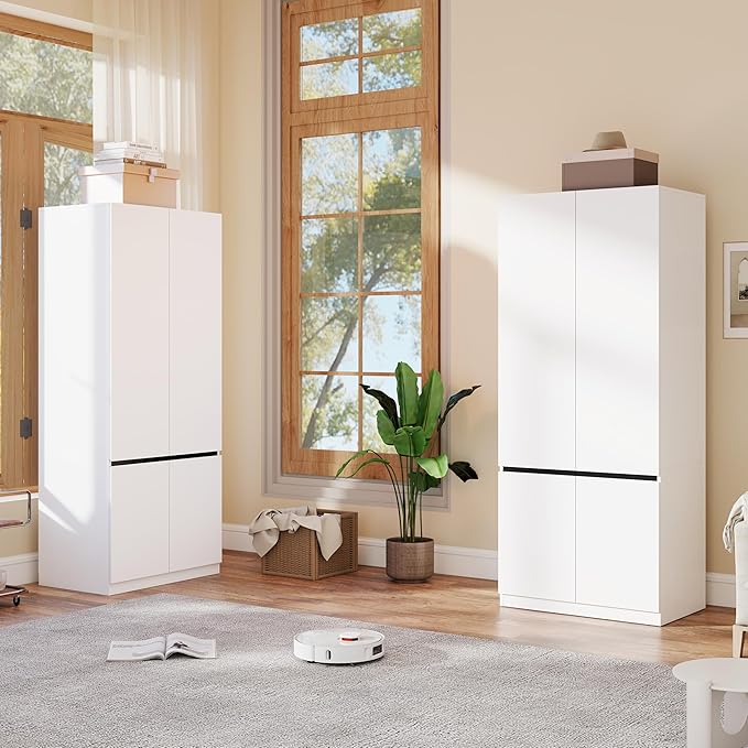 Armoire Wardrobe Closet with Doors: 75" White Large Wardrobe Closet with 4 Doors, Clothes Cabinets for Bedroom Armoires with Storage, Wood Wardrobes Closets for Hanging Clothes (C+C, 63")