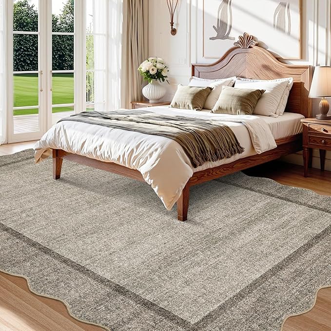 GarveeHome Scalloped Washable Rugs for Entryway 3x5 Rug Super Soft Entry Rug Non-Slip, Printed Faux Wool Floral 3x5 Area Rug Thin Floor Carpet for Kitchen, Bedroom, Office, Living Room, Brown