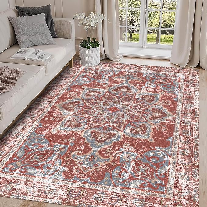 Vhong Vintage Area Rugs Boho Washable Neutral Modern Brick Red Burgundy 5x7 Non Slip Carpet for Living Room Dining Room Bedroom