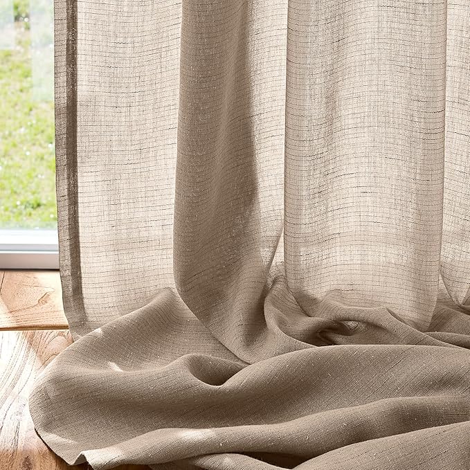 jinchan Taupe Linen Blend Curtain 96 inch Length 1 Panel for Sliding Door, Light Filtering 100 inch Extra Wide Farmhouse Drape with Rod Pocket Back Tab(100W x 96L, Taupe)