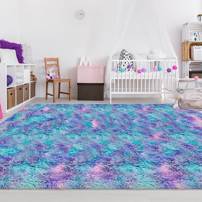 Soft Fluffy Purple Rainbow Rug for Bedroom Kids 6x9 Mermaid Stitch Rugs for Girls Bedroom Fuzzy Shag Carpet Cute Plush Shaggy Rugs for Living Room Kids Room Baby Toddler's Room Nursery Decor