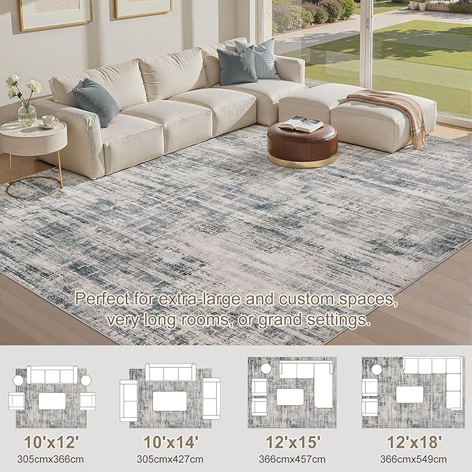 Area Rug for Living Room: 10x12 Washable Neutral Abstract Modern Soft Rugs Non Slip Indoor Floor Stain Resistant Large Carpet for Bedroom Dining Room Office Nursery - Gray