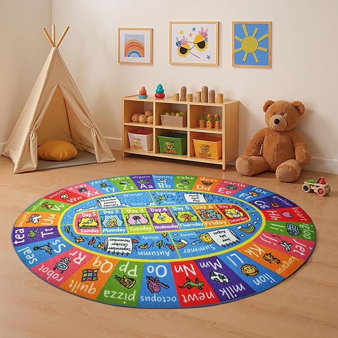 KC Cubs Educational Kids Rug – ABC Alphabet, Seasons, Months & Days Learning Mat – Soft Interactive Carpet for Classroom, Playroom & Bedroom 3x5 Oval