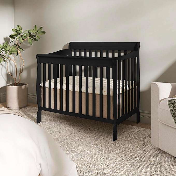 Dream On Me Aden 4-in-1 Convertible Mini Baby Crib in Black, GreenGuard Gold & JPMA, Sustainable Pinewood, Non-Toxic Finish, 3 Mattress Heights, Converts to Mini Day & Twin-Size Bed